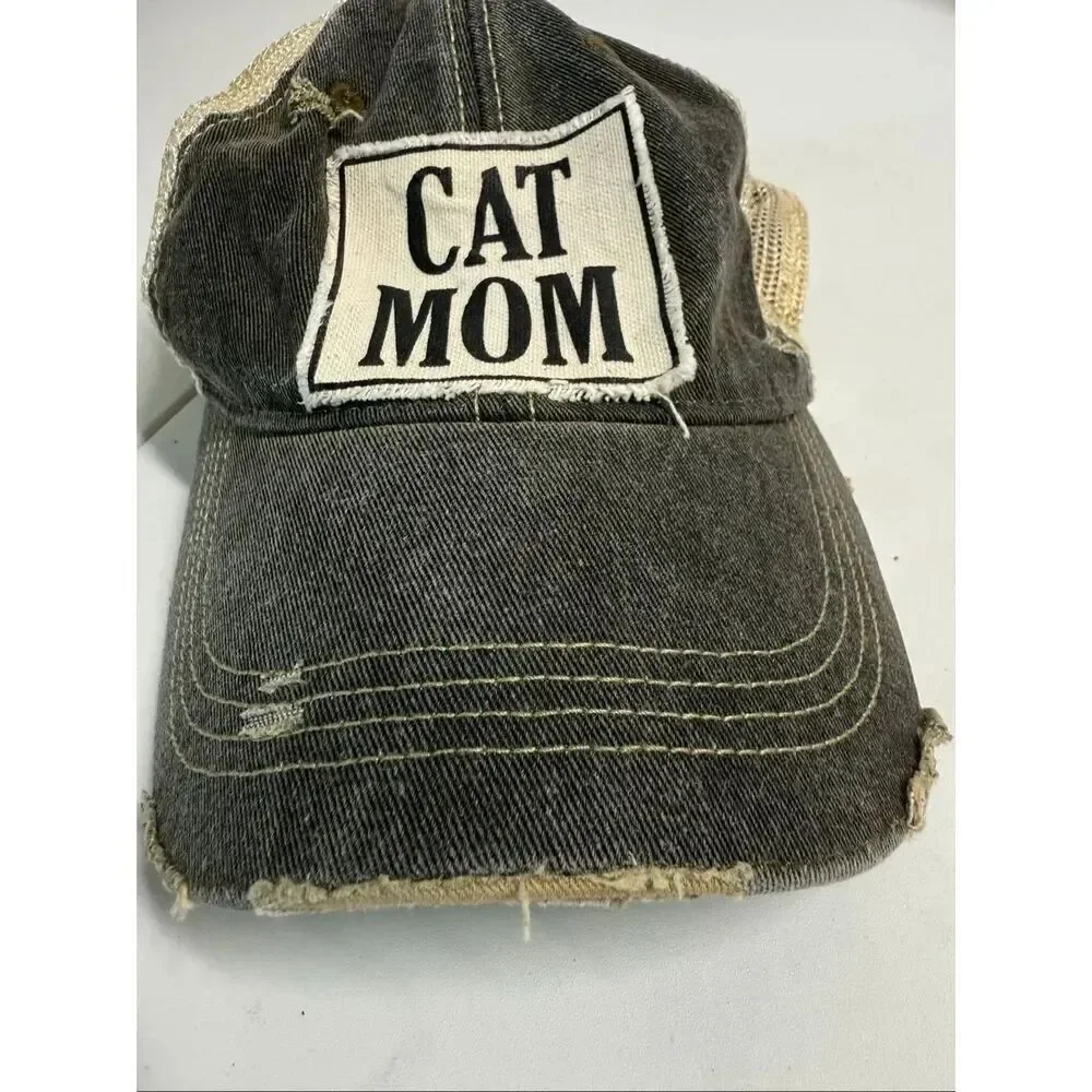 Cat Mom Hat Cap Snap Back Trucker Mesh Distressed Look Brown Beige OSFA Headmost
